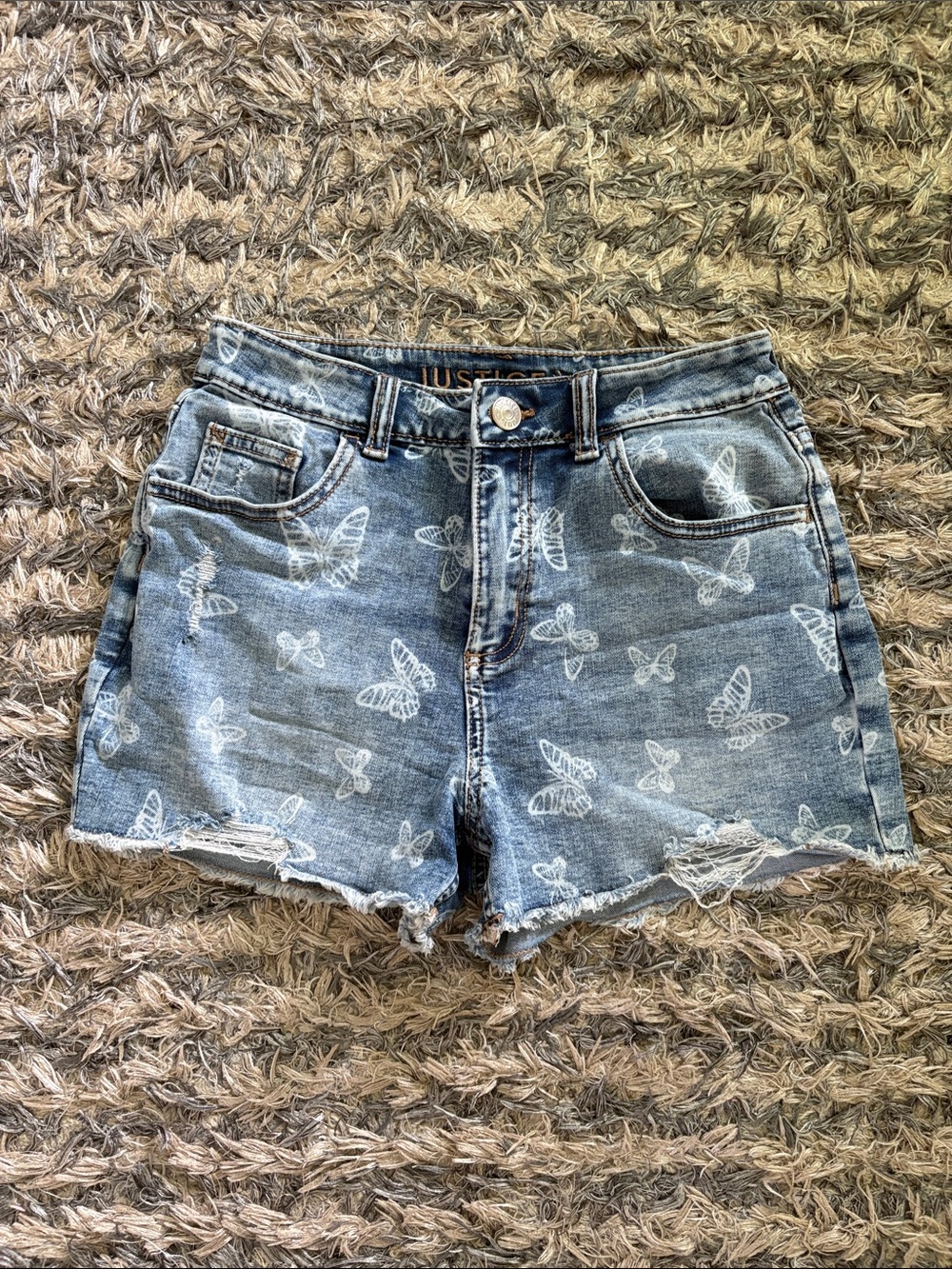 Justice Light Blue Distressed Denim Butterfly Shorts Waist 26”